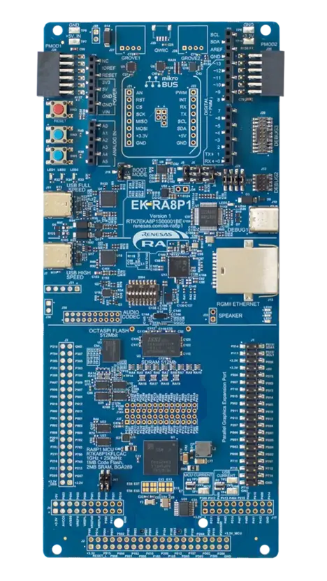 A picture of the RA8P1 Evaluation Kit board
