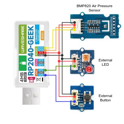 Waveshare RP2040-Geek with loopback wiring for tests