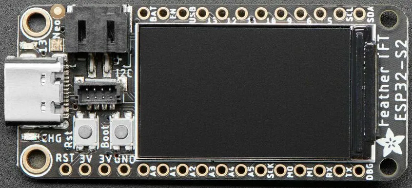 A picture of the Adafruit Feather ESP32S2 TFT board