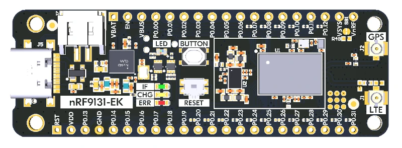 A picture of the nRF9131 EK board