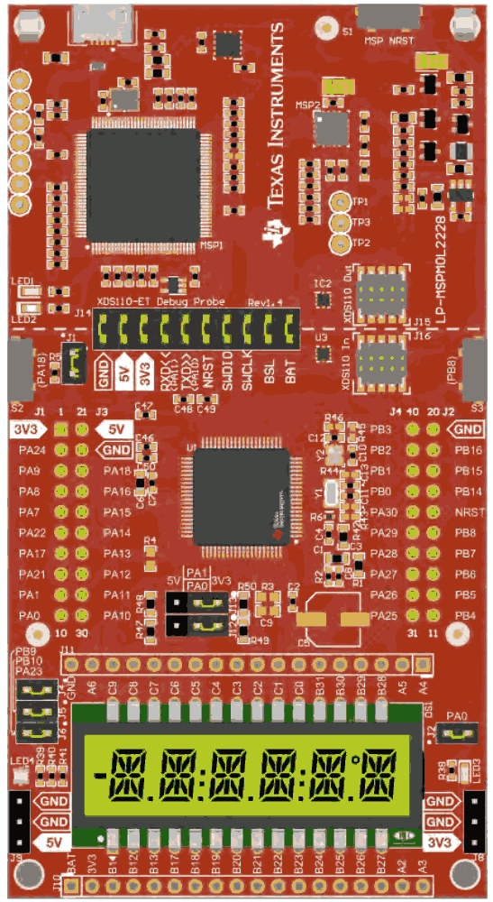 A picture of the MSPM0L2228 Launchpad board