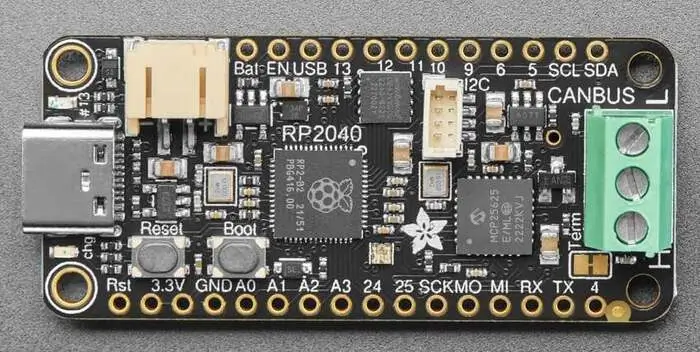 A picture of the Feather RP2040 CAN bus board