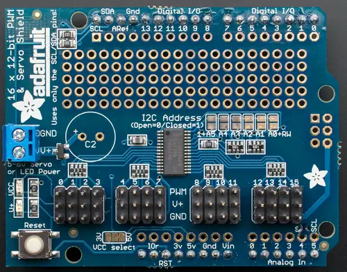 A picture of the Adafruit PCA9685 PWM Shield shield