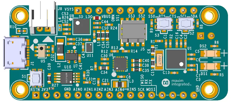 A picture of the MAX32650FTHR board
