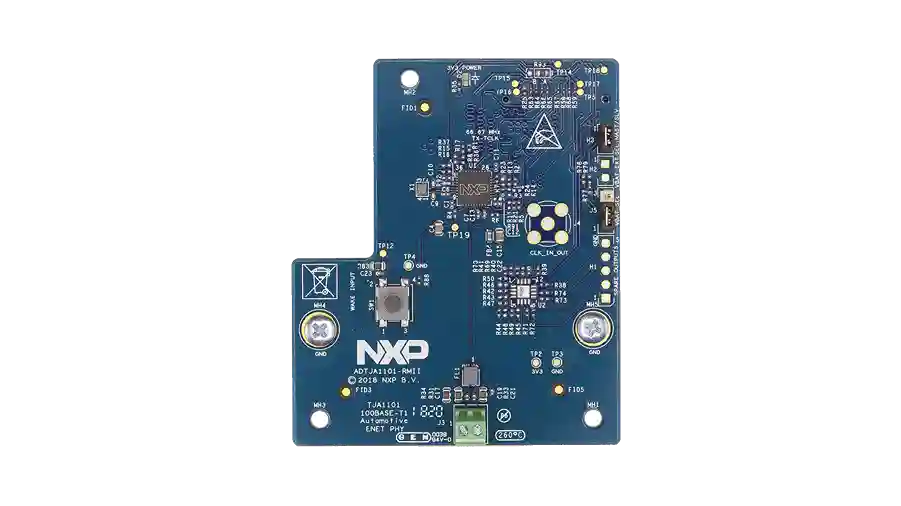 A picture of the NXP ADTJA1101-RMII Automotive Ethernet Adapter shield
