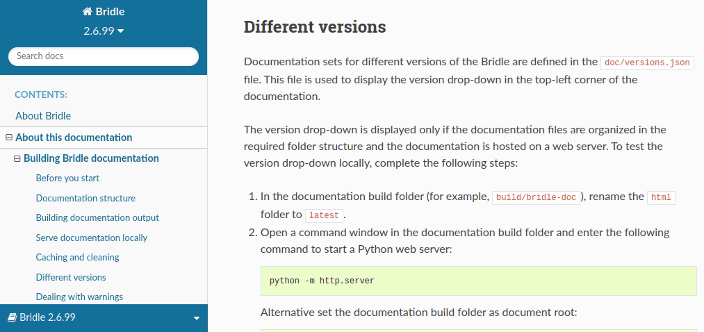Bridle documentation version drop-down