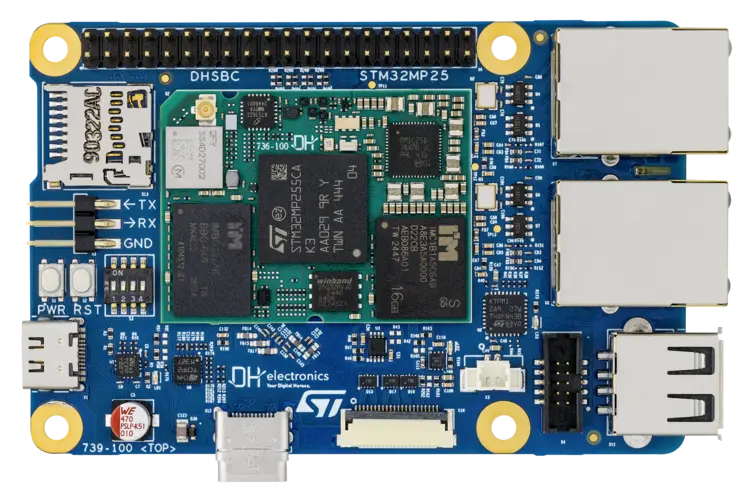 A picture of the DHSBC STM32MP255C board