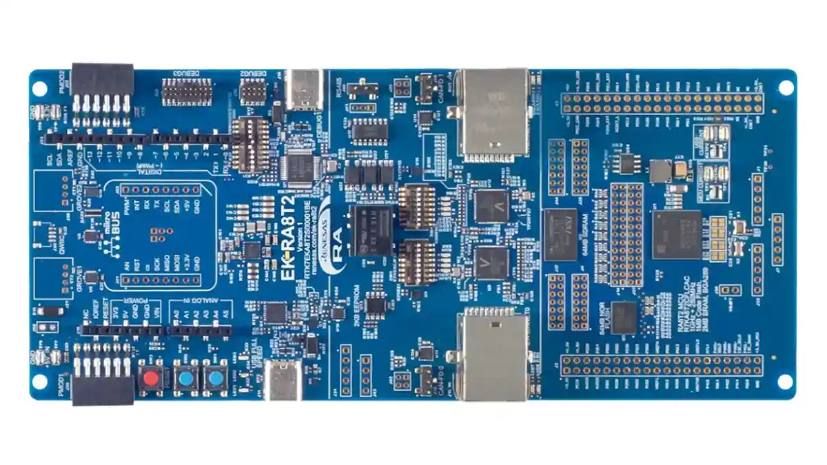 A picture of the RA8T2 Evaluation Kit board