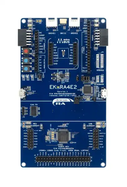 A picture of the RA4E2 Evaluation Kit board