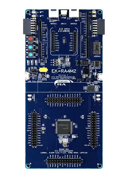 A picture of the RA4M2 Evaluation Kit board