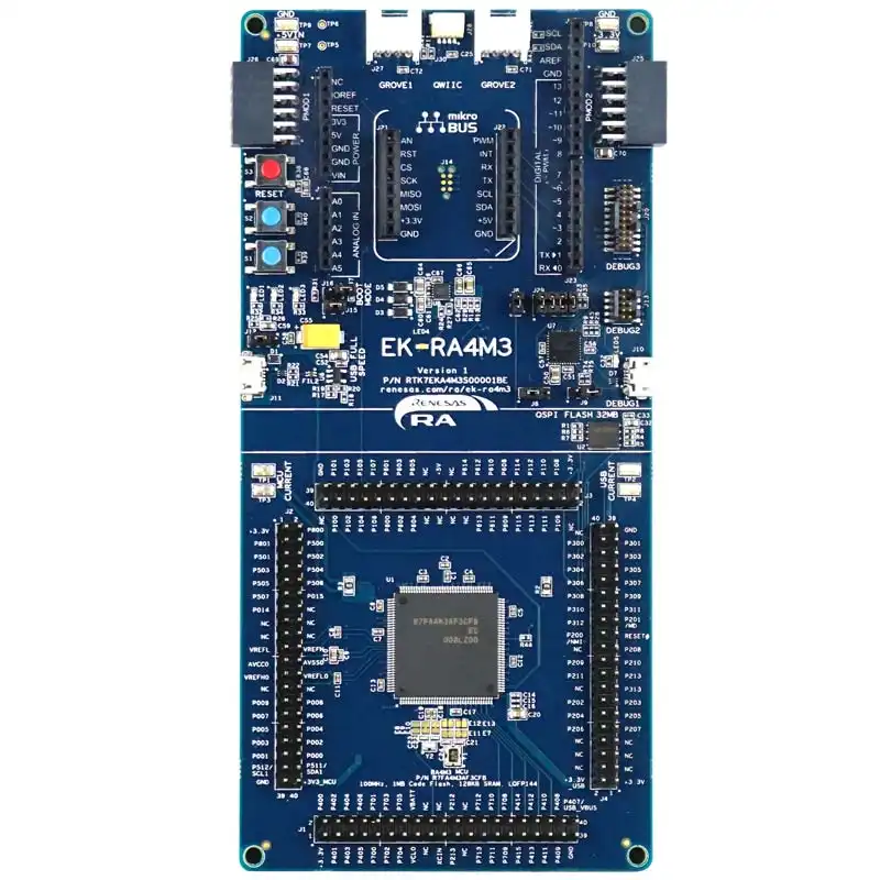 A picture of the RA4M3 Evaluation Kit board