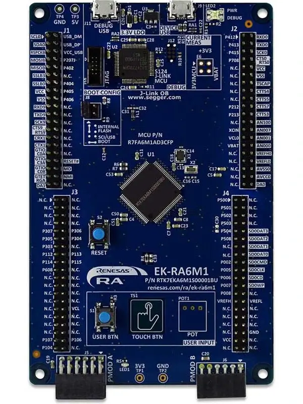 A picture of the RA6M1 Evaluation Kit board