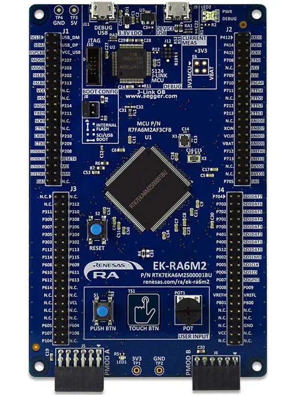 A picture of the RA6M2 Evaluation Kit board