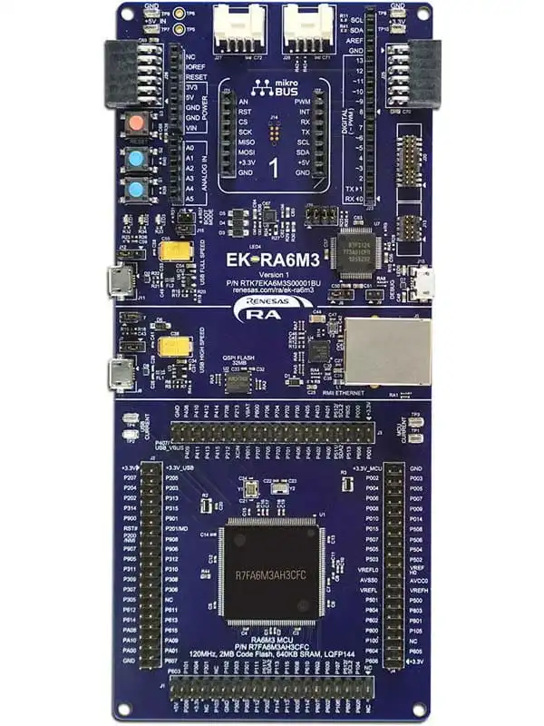 A picture of the RA6M3 Evaluation Kit board