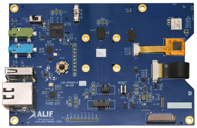 A picture of the Alif Ensemble E8 AI/ML AppKit board