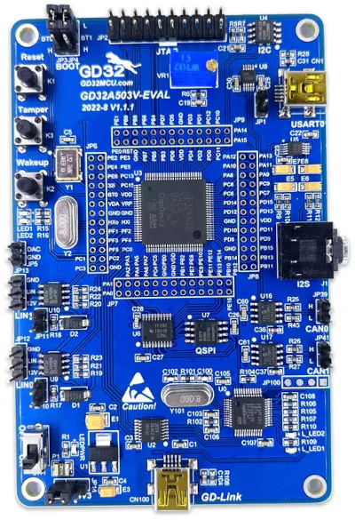 A picture of the GD32A503V-EVAL board