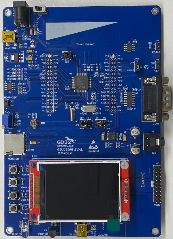 A picture of the GD32F350R-EVAL board