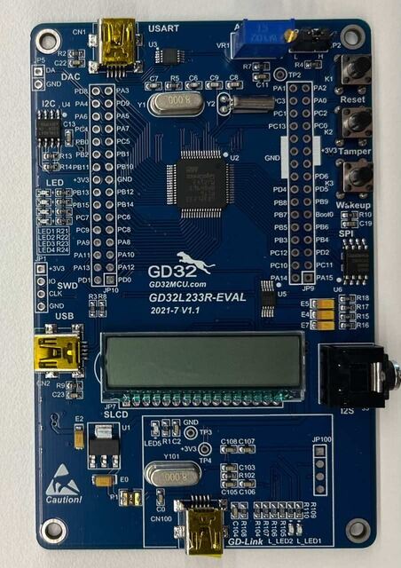 A picture of the GD32L233R-EVA board