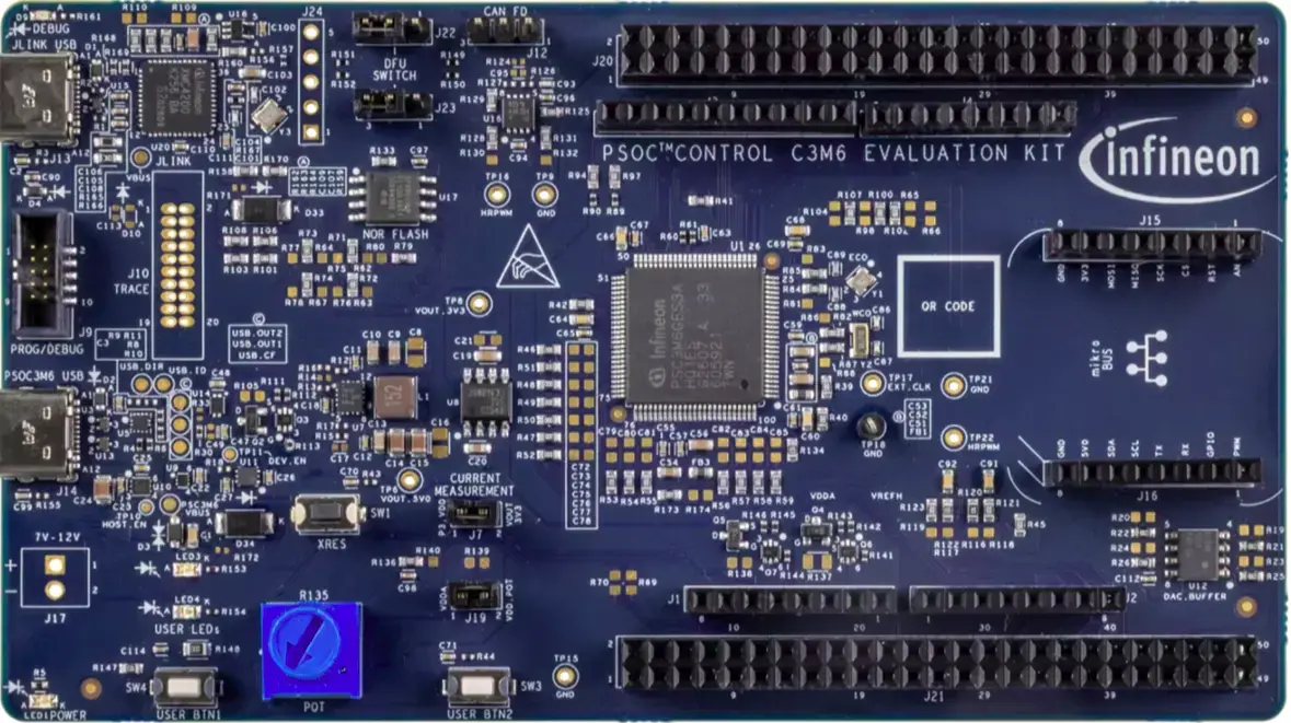 A picture of the PSOC™ Control C3M6 Evaluation Kit board