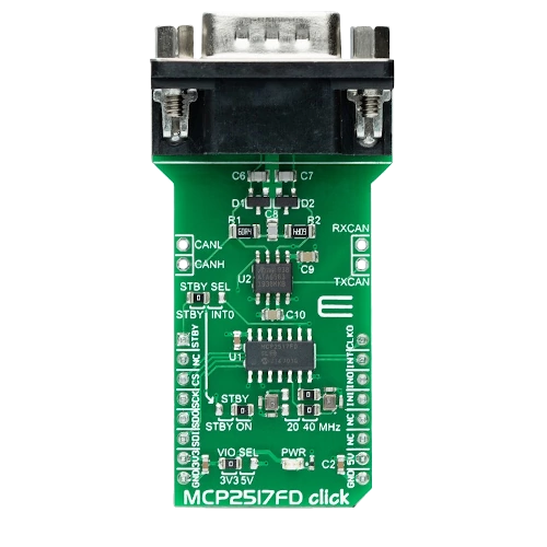 A picture of the MikroElektronika MCP2517FD Click shield shield