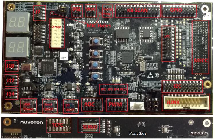 A picture of the NPCX4M8F_EVB board