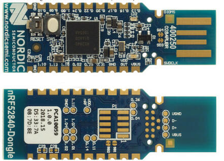 A picture of the nRF52840 Dongle board