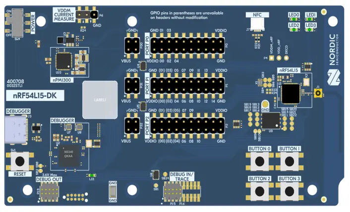 A picture of the nRF54L15 DK board