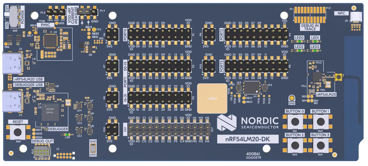 A picture of the nRF54LM20 DK board