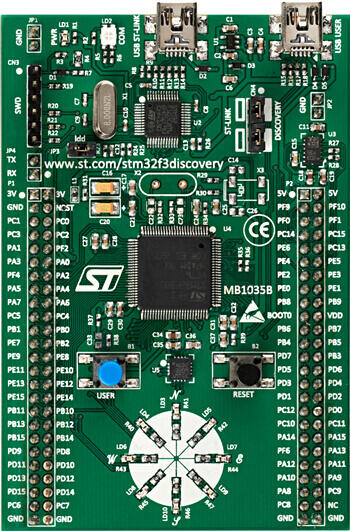 A picture of the STM32F3 Discovery board