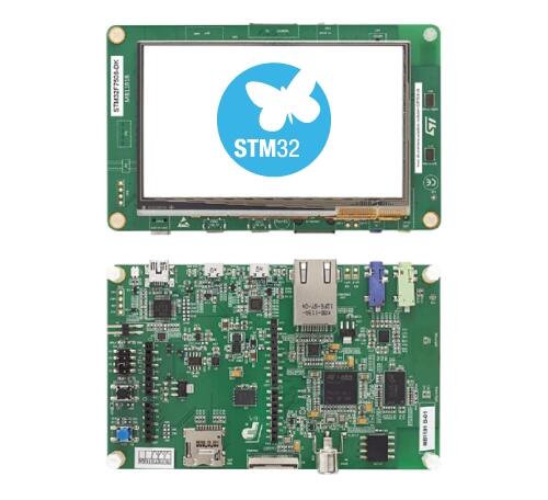 A picture of the STM32F7508-DK Discovery Kit board