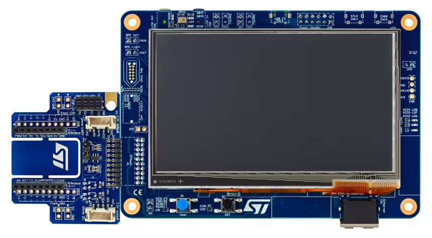 A picture of the STM32H745I Discovery board