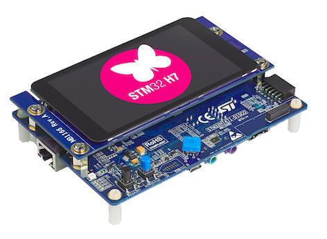 A picture of the STM32H747I Discovery board