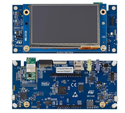 A picture of the STM32H7B3I Discovery kit board